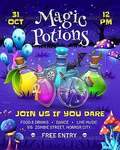 Рекламный плакат для вечеринки в честь Хэллоуина, бутылки с волшебным зельем ведьмы - векторизованное изображение клипарта