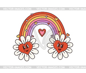 Cartoon retro groovy love rainbow and flowers - vector clipart