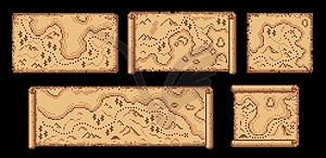 Pixel maps, pirate treasure paper scrolls, game UI - vector clipart