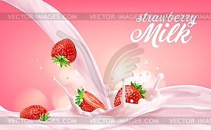 Strawberry fruit in milk or yoghurt cream splash - vector image