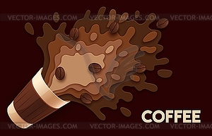 Paper cut coffee cup with splash and coffee beans - vector image