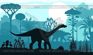 Prehistoric dinosaur silhouette in evening forest - vector image