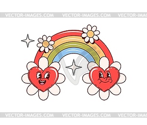 Retro y2k groovy love rainbow and heart characters - vector image