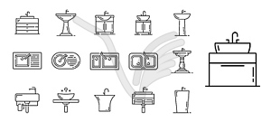 Линейка кухонных моек и умывальников для ванных комнат - векторный эскиз