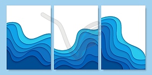 Blue water paper cut waves, sea and ocean ripple - vector clipart