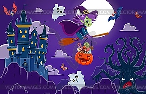 Хэллоуин-пейзаж с летающей ведьмой и призраками - иллюстрация в векторе