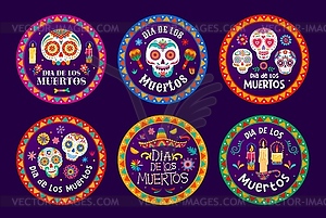 Day of dead labels with sugar calavera skulls - vector image