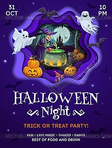 Halloween party flyer with paper cut witch cave - vector clipart