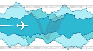 Top view paper cut plane in sky clouds, 3d - vector clipart