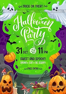 Halloween holiday party flyer, cauldron, pumpkins - vector image