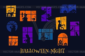 Окна на Хэллоуин, страшные силуэты монстров - векторное графическое изображение