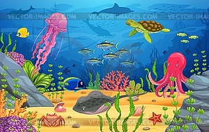 Underwater game landscape, cartoon sea animals - vector clipart