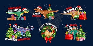 Christmas dinosaur greetings, cartoon set - vector image