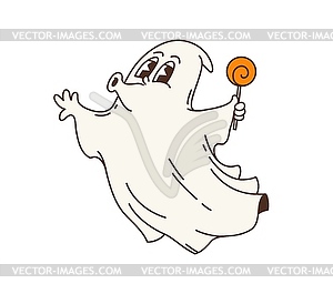 Cartoon retro groovy Halloween ghost with lollipop - vector image