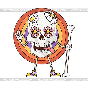 Retro groovy Halloween sugar skull funny character - vector clipart