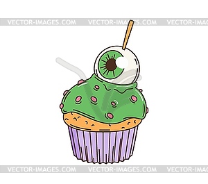 Cartoon retro groovy Halloween scary eye cupcake - vector clipart