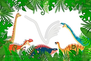 Забавные динозавры в обрамлении листьев лиан джунглей - изображение в векторе / векторный клипарт