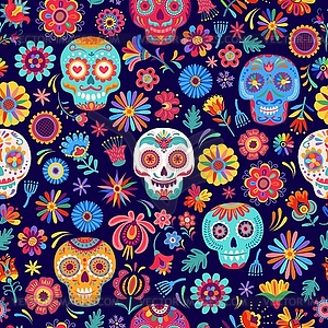 Mexican seamless pattern with skulls and flowers - vector clip art