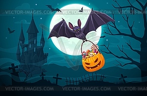 Flying bat with Halloween sweets, candies bucket - vector clipart