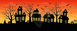 Halloween town building silhouettes, pumpkin, bats - royalty-free vector image