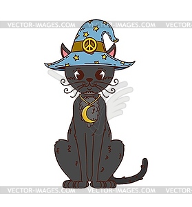 Retro groovy Halloween black cat funny character - vector image