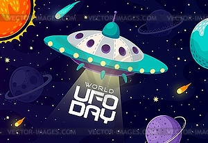 На баннере Всемирного дня нло изображена мультяшная инопланетная тарелка - рисунок в векторе