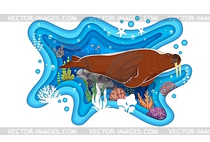 Save sea paper cut banner with walrus animal - vector image