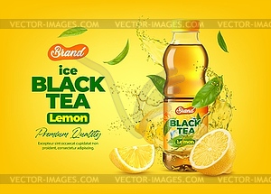 3D realistic black tea bottle with drink splash - vector clip art