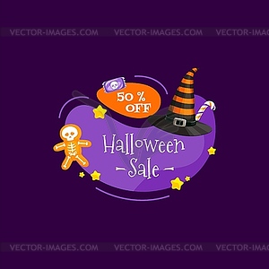 Halloween sale banner with holiday sweets on blob - vector clip art