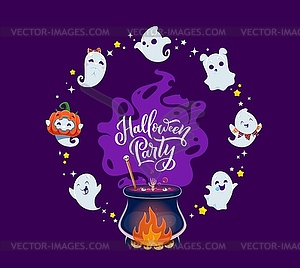 Halloween party banner, cute ghosts with cauldron - royalty-free vector image