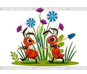 Cartoon ant builders with shovels, children story - vector image