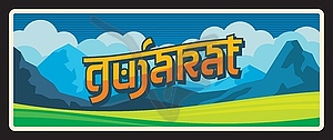 Gujarat Indian state, India retro travel plate - vector image