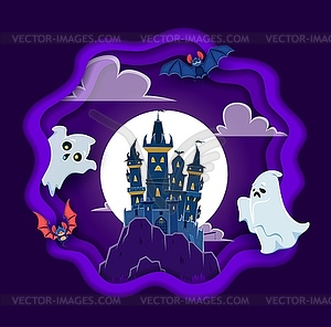 Halloween paper cut banner with funny ghosts, bats - vector image