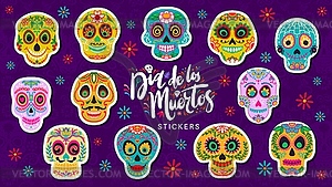 Мексиканский день мертвых наклеек с сахарными черепами - векторное изображение EPS