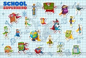 Cartoon school stationery superhero characters - vector image