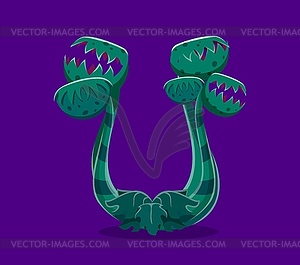 Halloween font, letter U monster plant with teeth - vector image