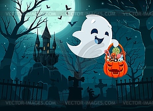 Halloween kawaii ghost with holiday sweet candies - vector clipart