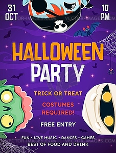 Листовка для праздничной вечеринки в честь Хэллоуина с персонажами - иллюстрация в векторе