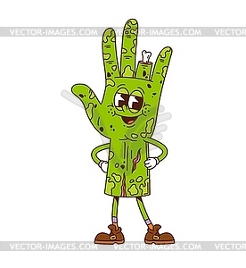 Retro groovy Halloween green zombie hand character - vector clip art