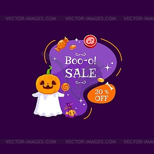 Halloween sale banner, sweets ghost and pumpkin - color vector clipart