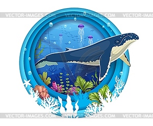 Cartoon sperm whale at underwater landscape frame - vector clipart