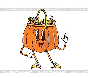 Retro groovy Halloween sweets basket character - vector image