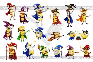 Cartoon Halloween pasta wizard, witch characters - royalty-free vector clipart