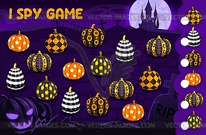 I spy game, Halloween patterned pumpkins puzzle - vector clipart