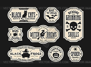 Halloween potion bottle labels, witch elixir tags - vector clip art