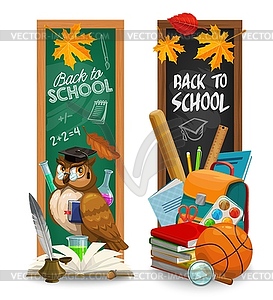 Back to school chalkboard banners, stationery, owl - vector clipart