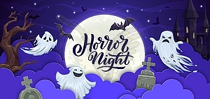 Halloween paper cut clouds with funny ghosts - vector clipart