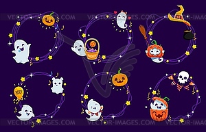 Halloween holiday frames, kawaii ghosts, pumpkins - vector clip art