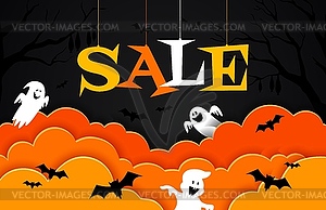 Рекламный баннер, вырезанный из бумаги на Хэллоуин, с привидениями и летучими мышами - векторное изображение