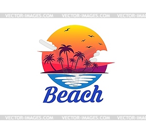 Summer tropical sunrise, palm trees and island - vector clipart